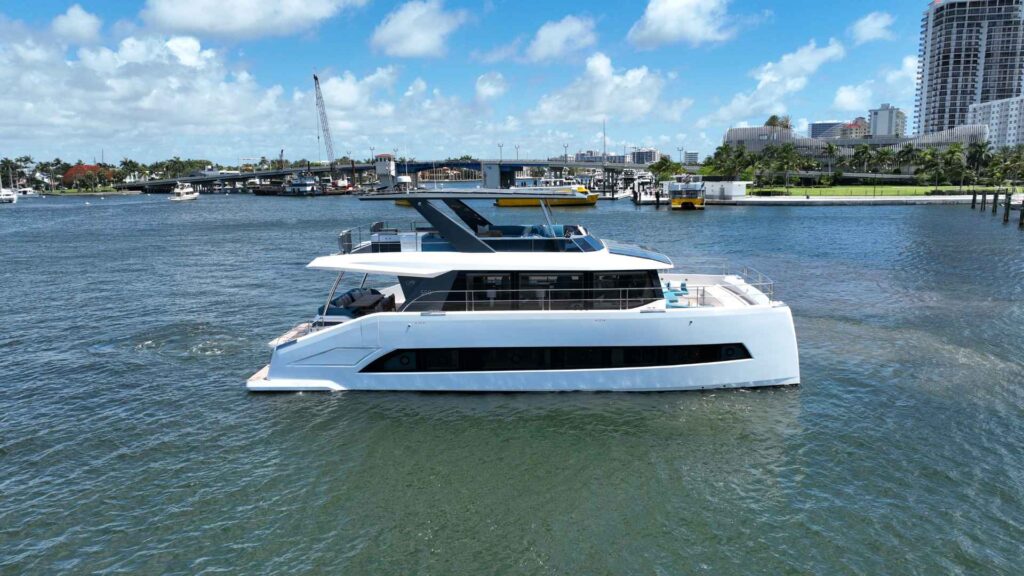 Oceanwalker S60 head-on view under way showing twin hulls