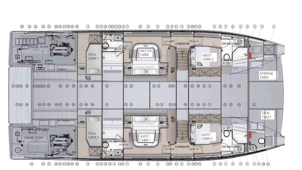 Oceanwalker S60 general arrangement plan showing four en-suite cabin layout
