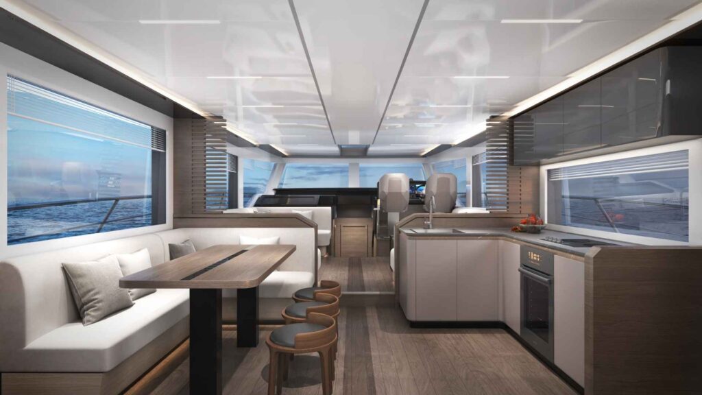 OceanWalker X62 — galley and dinette, Revolution Power Catamarans