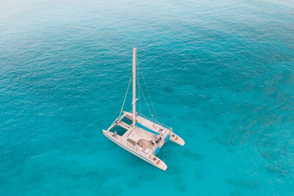 Power catamaran cruising the Mediterranean with low air draft